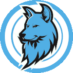Dette er logoen til amlow. Det er en illustrasjon som viser hodet til en ulv. Den er blå og bakrunnen er noen sirkler som er blå og hvite